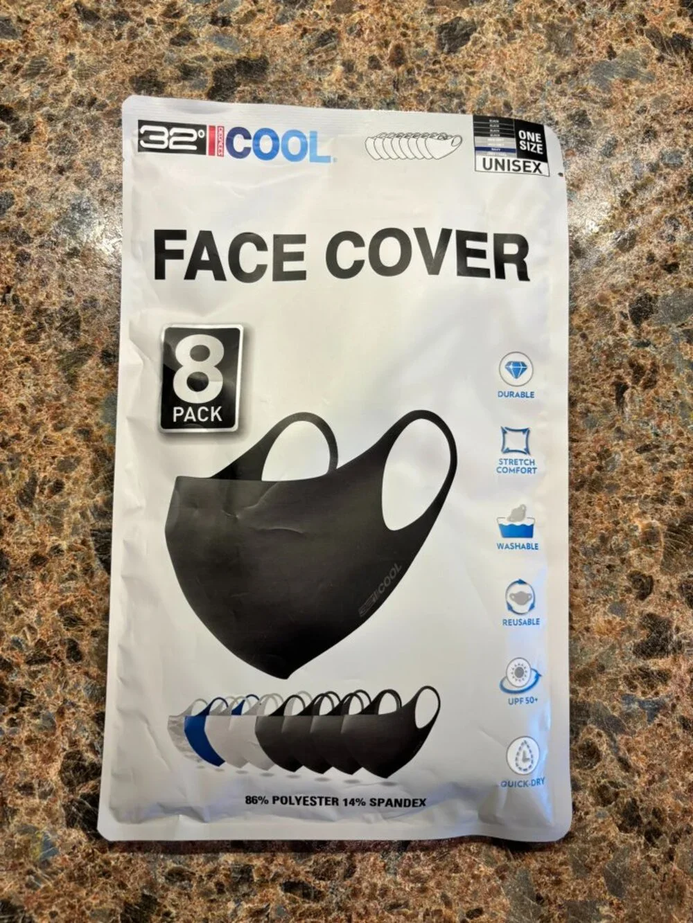 New 32 Degrees Cool 8 Pack Adult Fabric Face Covers Unisex Black Grey Camo Blue